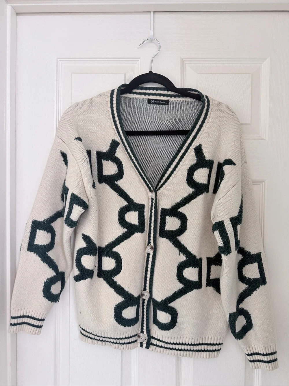 Cream and Dark Green Patterned V-Neck Cardigan Sweater - Picture 2 of 3